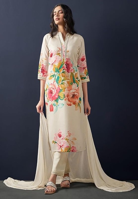 Linen Printed Kurta & Pant with Dupatta Set